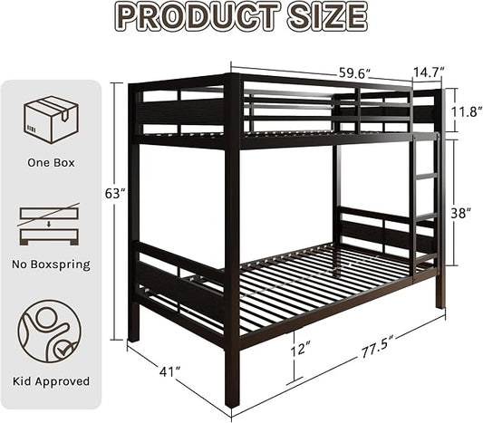 Bunk Bed Twin Over Twin, Heavy Duty Metal Bunkbeds with Full-Length Guardrail, Space-Saving Steel Bed for Kids & Adults, No Box Spring Required, Black
