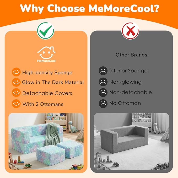 MeMoreCool Kids Sofa Couch, Glow in Dark Couch Sofa, Modular Convertible Kids Furniture