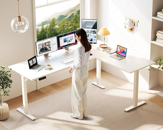 Casaottima 71 Inch Reversible Electric L Shaped Standing Desk, Height Adjustable Corner Stand up Desk, Ergonomic Large Lift Table for Home, Office, Workstation, Reception Room, White