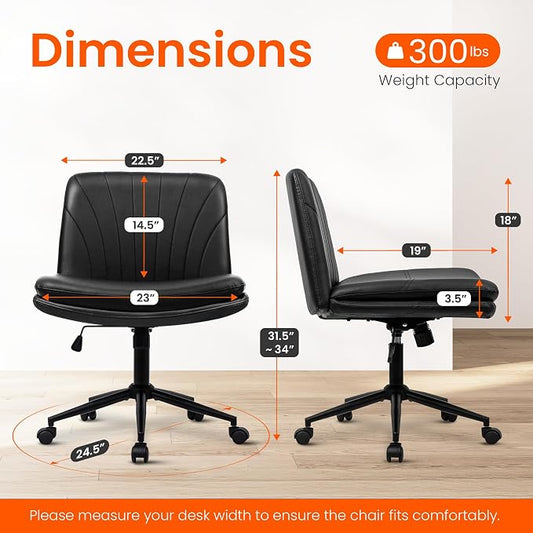 Orange Factory Criss Cross Chair with Wheels Comfy Wide Vanity Desk Chair Dual Base Leather Armless Adjustable Swivel for Home Computer Task (Black Pu, Faux Leather)
