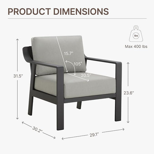 KISLOT Aluminum Outdoor Patio Furniture Armchairs,Outside Patio Sofa with Washable Thick Cushion, Patio Sofa Couch Set of 2 for Porch, Balcony, Deck, Yard,Gray Aluminum Frame