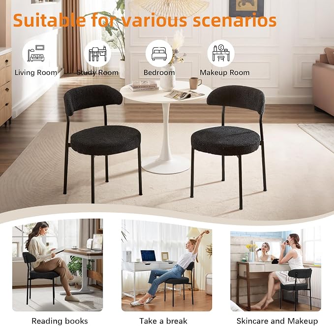 SoarFlash Dining Chairs, Black Boucle Dining Chairs Set of 6, Kitchen Dining Room Chairs Curved Backrest Upholstered Mid Century Modern Chairs with Black Metal Legs