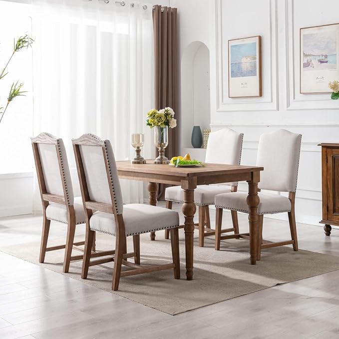 ROCITY Linen Dining Chairs Set of 2 Beige Upholstered Dining Room Chairs Farmhouse Kitchen Side Chairs with Wooden Legs&Nailhead Trim