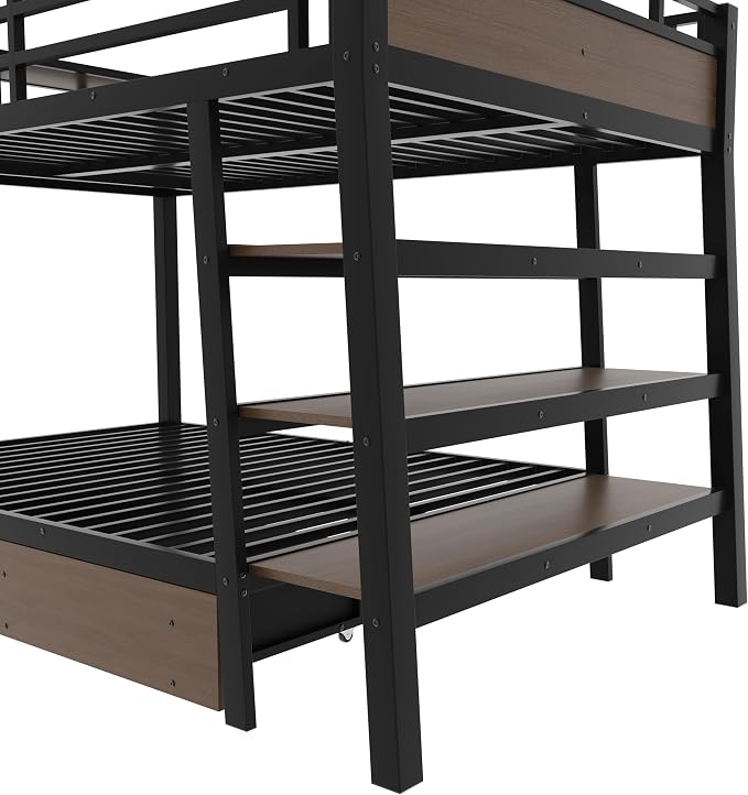 Bellemave Bunk Bed Full Over Full,Metal Bunk beds with Storage Shelves, LED Light Strip, and USB Power Strip, Upper Bed with Desk, Black