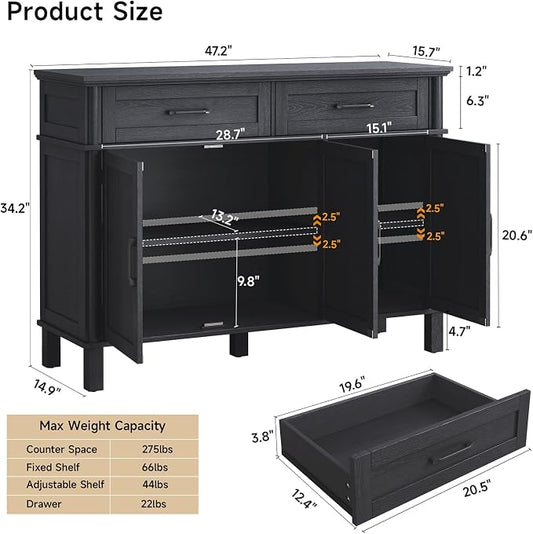 ONBRILL 48 Inches Buffet Cabinet with Storage, Farmhouse Sideboard Buffet w/2 Drawers and 3 Doors, Wood Coffee Bar Cabinet with Adjustable Shelves, Sideboard Storage for Kitchen, Living Room, Black