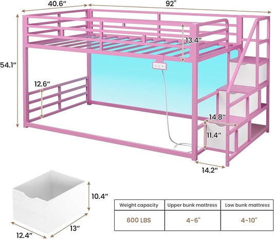 ADORNEVE Low Bunk Bed Twin Over Twin with Storage Stairs, Drawers & Shelves, RGB LED Lights Metal Floor Bunk with Power Outlet, Full-Length Guardrail & Metal Slats, for Small Space, Kids, Pink