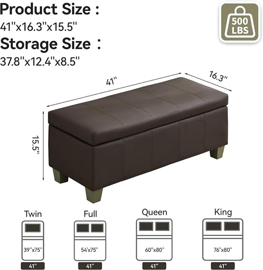 WUTUTUEE 41" Faux Leather Storage Ottoman, Stitch Tufted Rectangle Upholstered End of Bed Storage Bench, Entryway Large Couch Ottoman with Wooden Legs,Brown