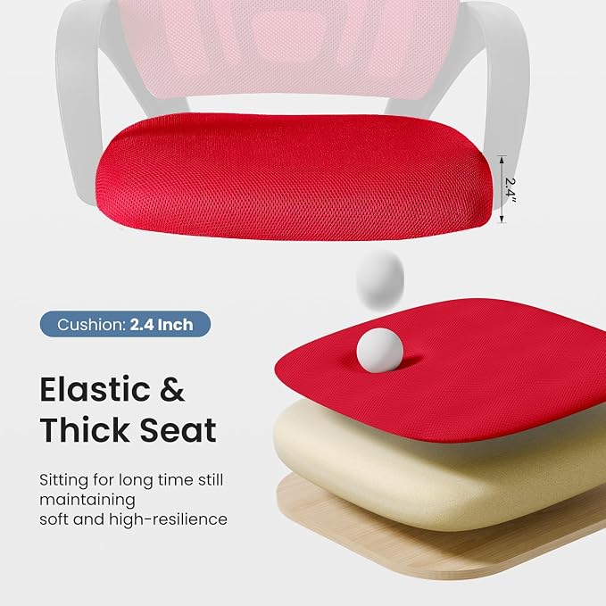 OLIXIS Office Desk Chair - Ergonomic Mid Back with Lumbar Support & Rocking Mode, Height Adjustable with Fixed Armrest, Storage Back for Computer, Gaming, Conference, Meeting Room, 360° Swivel, Red