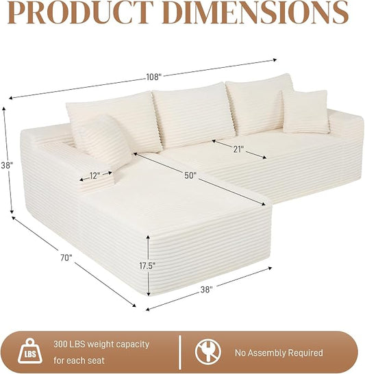 108" L Shaped Cloud Boneless Sectional Couches for Living Room, Modern Comfy Modular Deep Seat Memory Foam Compressed Corduroy Sofa Oversized Left Facing Chaise, No Assembly Required, White