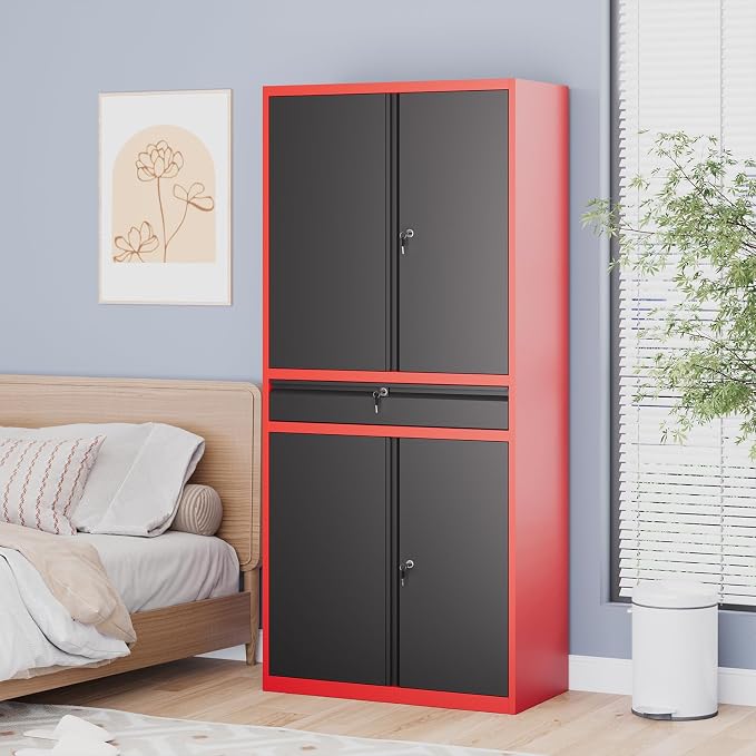 Metal Garage Storage Cabinet with Locking Doors and Drawer, 71" Steel Tool Storage Cabinet with Adjustable Shelves for Garage,Office,Warehouse (Red Black)