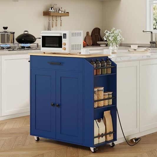 HOOBRO Kitchen Island with Power Outlet, Kitchen Storage Island with Spice Rack and Drawer, Rolling Kitchen on Wheels, for Home, Dining Room, Natural and Blue UN82UZD01G1