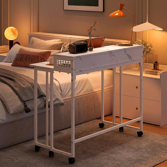 Gezen Folding Desk With Storage Shelf, Small Rolling With Wheels, Mobile Couch Sofa Side Table Bed for Home Office Small Space, White Marble, 39.4"