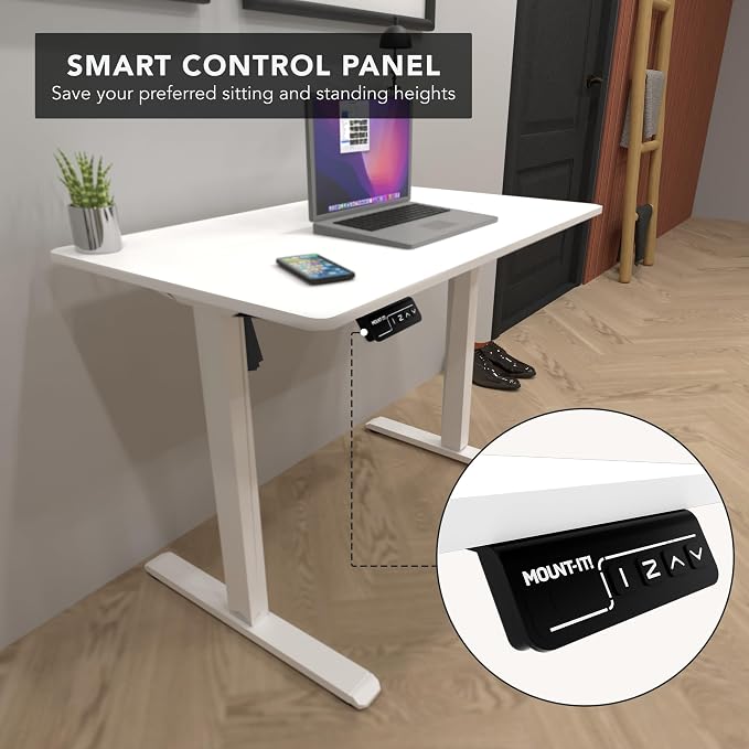 Mount-It! White Standing Desk 48x24 – Electric Height Adjustable Sit to Stand Desk with Memory Presets, Ergonomic Home Office Table, White Frame with White Splice Board Top