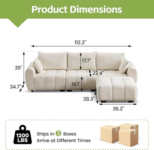 112" L Shaped Modular Sectional Sofa, Beige Chenille Cloud Couch, Modern Upholstered 4 Seater Couch with Removable Ottoman, Tufted Deep Seat & Wood Legs, Sectional Couches for Living Room Apartment
