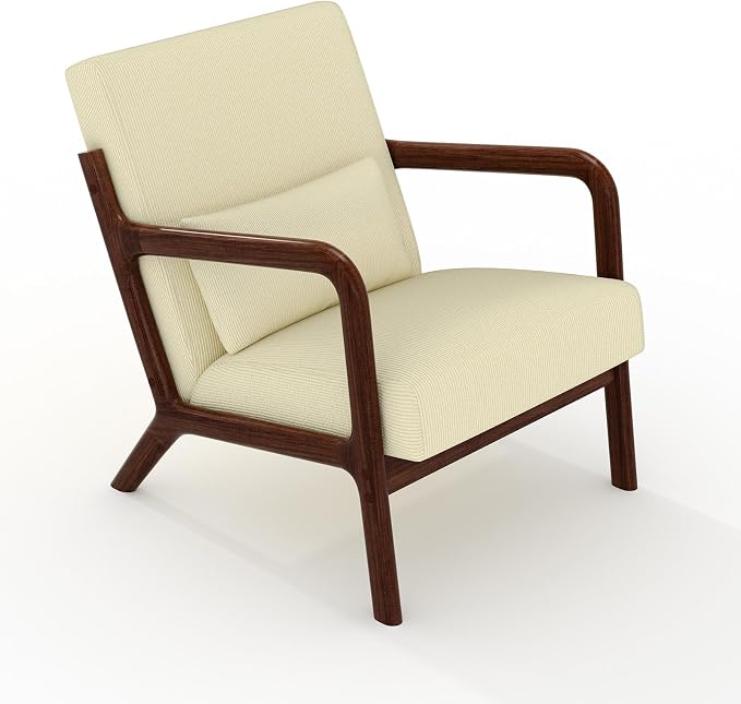Garvee Mid-Century Modern Accent Chair, Fine Wale Corduroy Upholstery, Solid Wood Armchair with Removable Lumbar Pillow, Sturdy Reading Chair for Living Room, Bedroom, Guest Room, Easy Assembly, Beige
