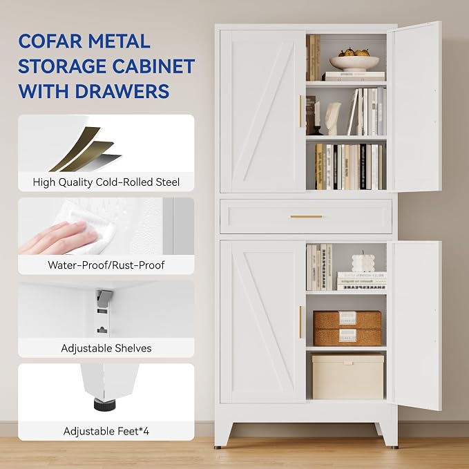 COFaR 71 in Tall Kitchen Pantry Cabinet with Drawer, Metal Pantry Storage Cabinet with 4 Adjustable Shelves and 4 Barn Doors, White Freestanding Farmhouse Food Cupboard for Dining Room