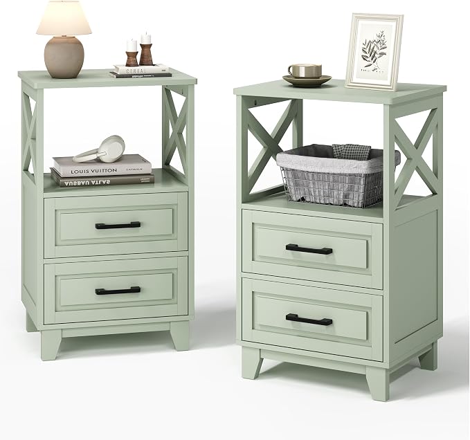 May in Color Nightstand Set of 2, 30" Tall Side Table with 2 Drawers and Open Shelf, Bedside Table with Solid Feet, Modern Night Stand End Table for Bedroom, Home Office, Green