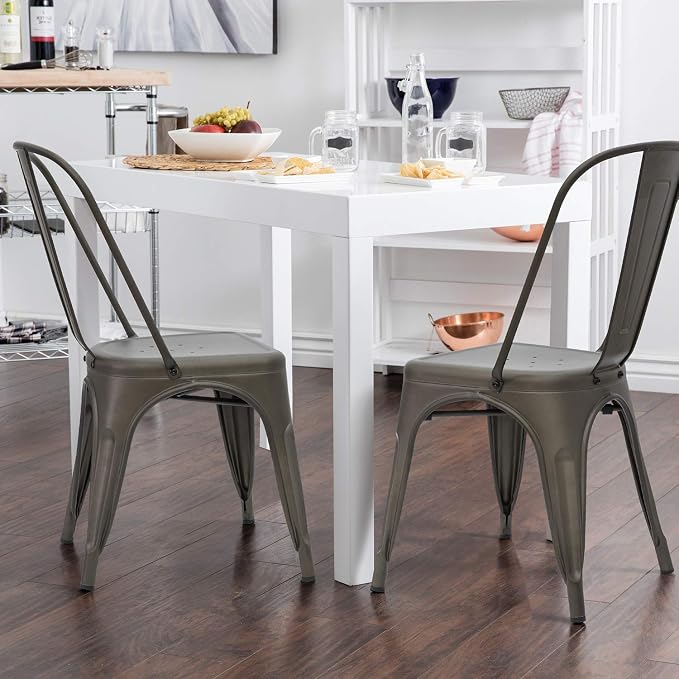 Devoko Metal Indoor-Outdoor Chairs Distressed Style Kitchen Dining Chairs Stackable Side Chair with Back Set of 4 (Gun)