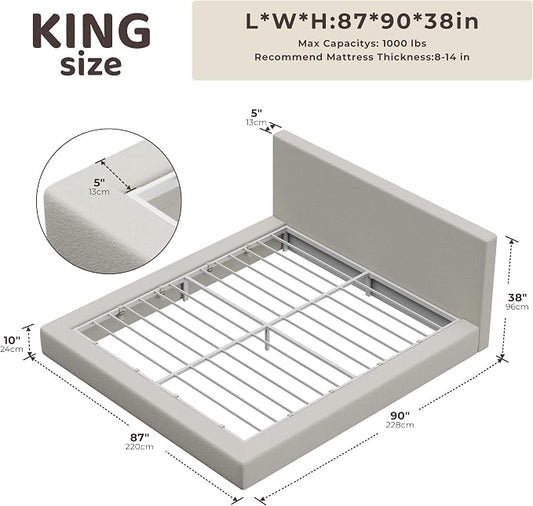 RECCI AirFrame King Size Bed Frame with Headboard, Cloud Upholstered Platform Bed Frame, 5 Inch Foam Cushioned, No Box Spring, Easy Assembly(Cream Boucle)