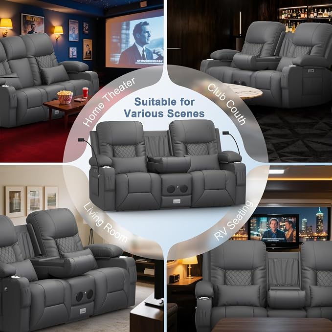 Power Loveseat Recliner Sofa, Electric Reclining Loveseat Couch with Console, Home Theater Seating with Bluetooth Speaker & LED Light, Zero Wall Hugger RV Sofa Furniture with Built-in Outlet & Storage