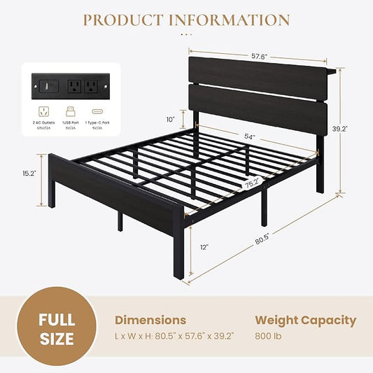 SHA CERLIN Full Size Bed Frame with Led Light & Built-in Charging Station, Wooden Headboard with Storage Shelf, Metal Platform Bed, Under Bed Storage, No Box Spring Needed, Noise Free, Black