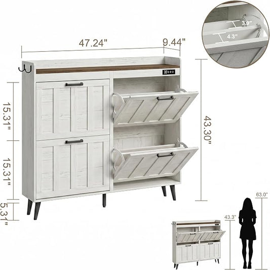 ChooChoo Shoe Storage Cabinet with 4 Flip Drawers, Deodorizing Shoe Organizer Storage for Entryway, Freestanding Hidden Slim Narrow Shoe Rack Cabinet, Antique White & Brown