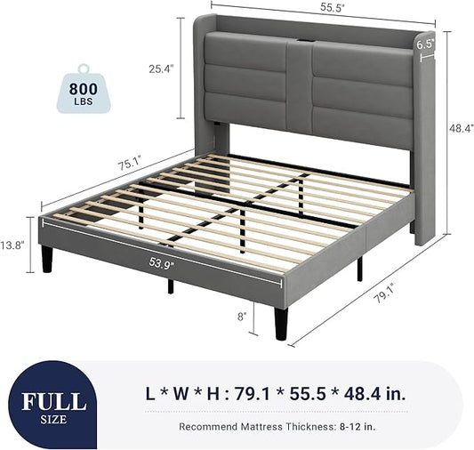 Allewie Full Size Platform Bed Frame with Charging Station & Storage Headboard, Upholstered Velvet Wingback Design & USB Port, Strong Wooden Slats Support, No Box Spring Needed, Easy Assembly, Grey
