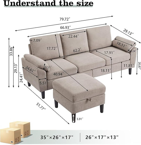 80" Convertible Sectional Sofa, Modern Linen Small L Shaped Couch with Reversible Chaise and Storage Ottoman, 3-Seat Sofa Couches for Living Room, Office, Apartment, Beige