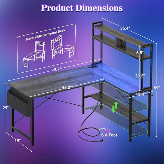 Aheaplus L Shaped Desk Gaming Desk, 59" L Shaped Computer Desk with LED Light & Power Outlet, Reversible Home Office Desk Gamer Desks with Shelves & Storage Bag & Hooks, Corner PC Desk, Black Oak
