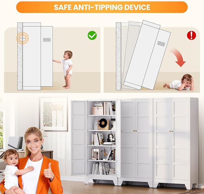 71" Tall Kitchen Cabinet Storage Unit With 2 Doors and 4 Adjustable Shelves, Metal White Freestanding Cupboard, 5 Tier Kitchen Pantry Storage Cabinet for Kitchen Dining/Living Room/Garage/Home/Office