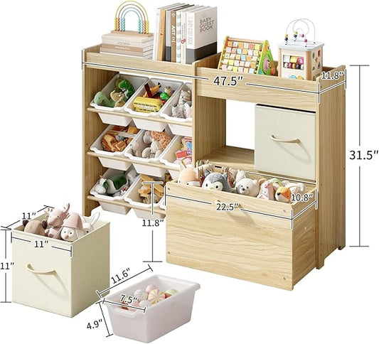 EXPERLAM Toy Storage Organizer for Kids, 9-Bin Toy Organizer with 2-Drawers, Movable Toy Chest and Top Rack, Multifunctional Kids Bookshelf and Toy Storage for Playroom, Bedroom, Nursery, White