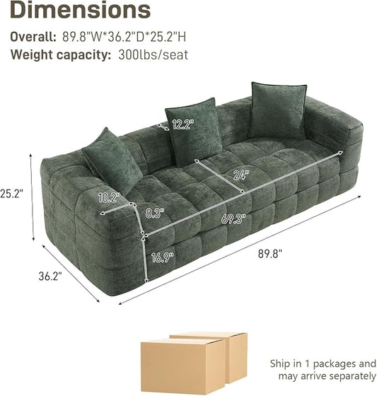89.8" Boneless Couch,Comfy Cloud Sectional Sofa with Deep Seat,Modern Upholstered Chenille Love Seat Sofa, Oversized Couches for Living Room, No Assembly Required Tufted Sofas, Green
