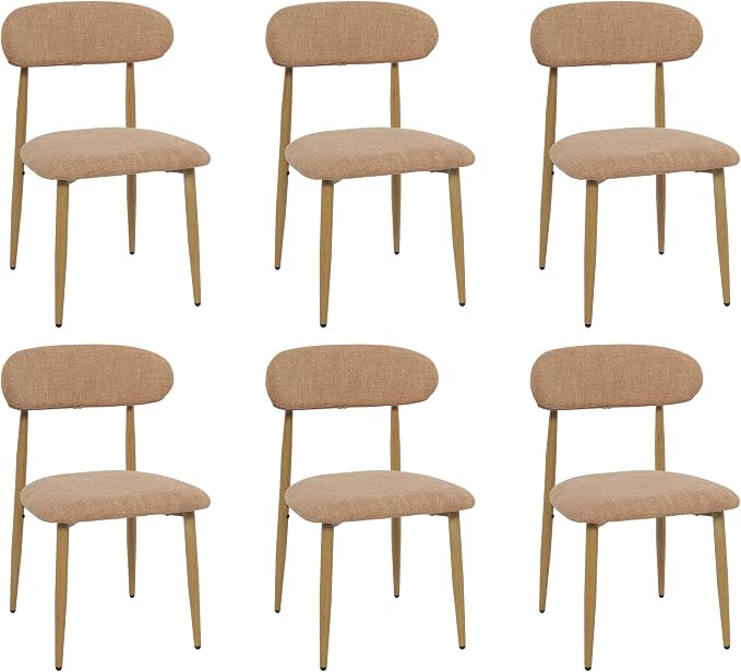 FREKEN Modern Upholstered Dining Chairs Set of 6, Mid-Century Metal Frame with Wood Grain, Linen Fabric Side Chair for Kitchen Dining Room, 350lbs Capacity, Brown
