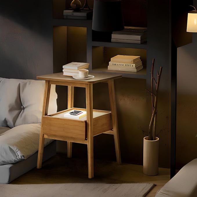 JIKUGO Nightstand Mid Century Modern and Drawers Display Cabinet for Bedroom Bamboo Bedside Tables 21.9x15.8x14.2in Night Stands Bed Side Table Bamboo