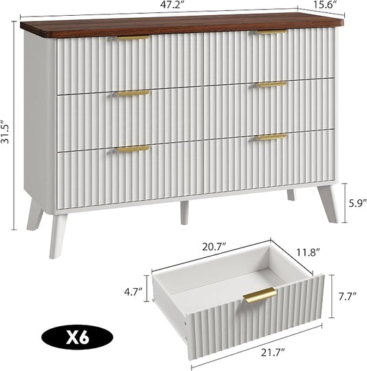 GarveeHome Fluted Dresser for Bedroom with 6 Deep Drawers, 47.2" Wide Modern Chest of Drawers, Wooden Dresser TV Stand, Curved Profile Design, for Living Room, Kids Room, Hallway, White