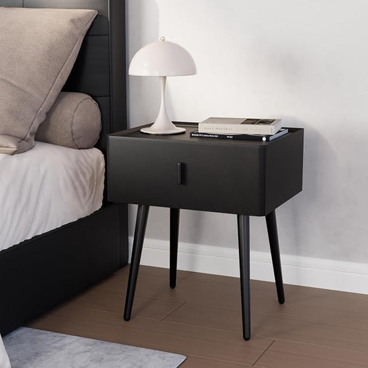 Nightstand Set of 2 with Single Drawer, Leather Side Table, Modern Bedside Table with Metal Legs for Bedroom, Small Accent End Table, Black