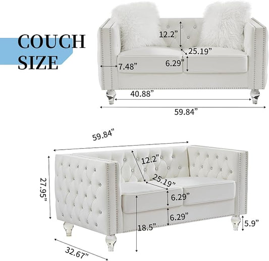 60" Chesterfield Sofa, Velvet Mid-Century Modern Upholstered Loveseat Sofa with 2 Throw Pillows and Acrylic Legs, Nailhead Button Tufted Vintage Couch for Living Room, Apartment, Beige