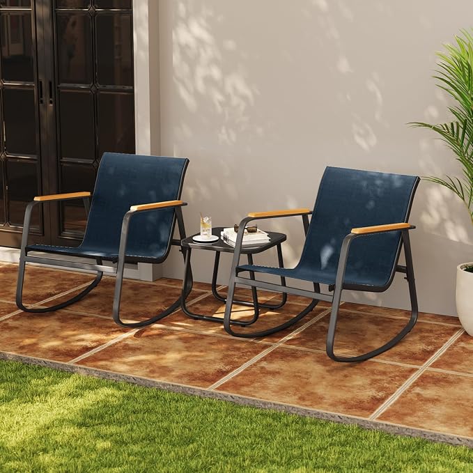 Aiho 3 Piece Rocking Bistro Set, Textilene Fabric Patio Furniture Set, Front Porch Rocker Chairs with Coffee Table for Lawn, Garden, Balcony, Poolside (Blue)