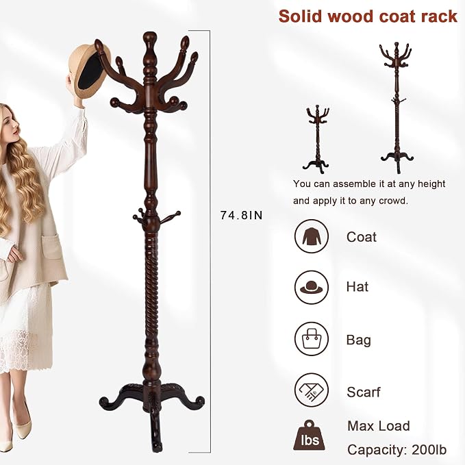 Coat Racks Freestanding, Natural Wood Coat Stands with 14 Hooks, 75" Heavy Duty Adjustable Height Vintage Hall Tree for Entryway, Bedroom, Office, Easy Assembly (Triangular Dark Brown)
