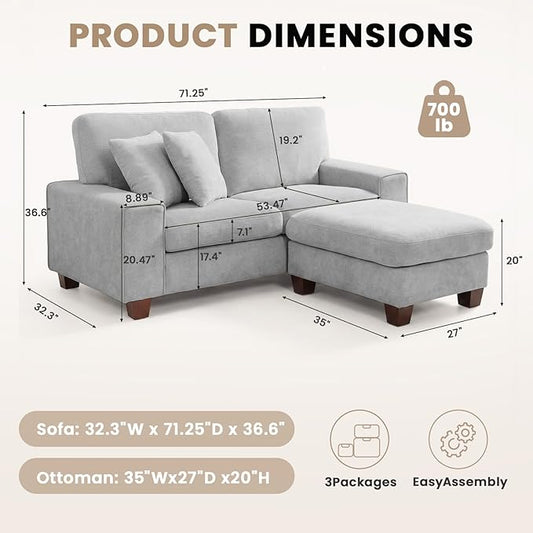 DOPEDIO L-Shaped Sectional Sofa with Storage Ottoman, Modern Chenille Recliner Loveseat, Removable Couch Covers, Pocket Spring Cushions, Solid Wood Frame, Easy to Install (71.25inch, Light Gray)