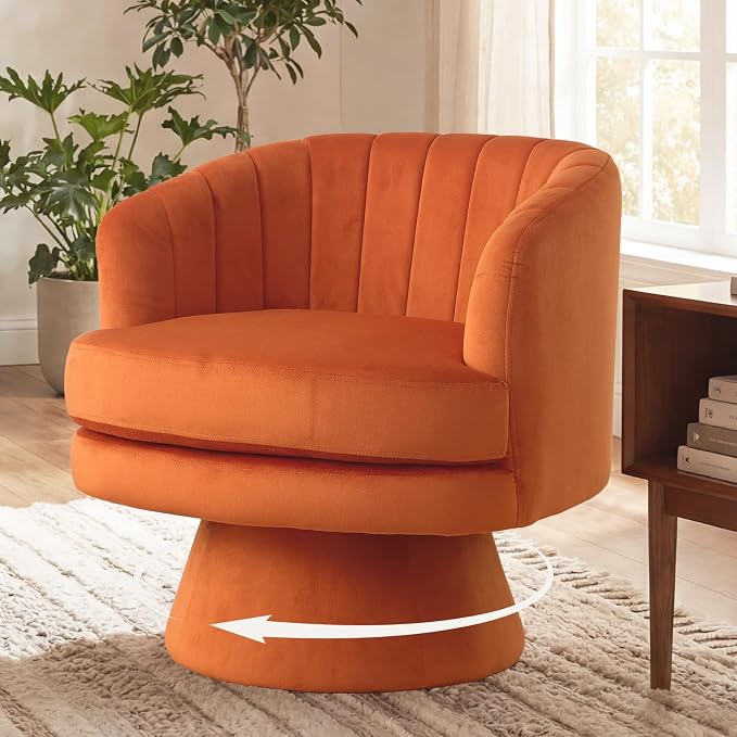 CANMOV Swivel Accent Chair with Armrest Set of 2, Modern 360 Degree Swivel Barrel Chair with Curve Back and Soft Cushion, Comfy Velvet Round Armchair Single Sofa for Living Room, Waiting Room, Orange