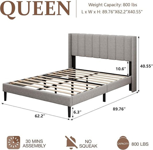Sismplly Queen Size Bed Frame and Headboard,Vertical Channel Tufted Wingback No Box Spring Needed, Mattress Foundation, Easy Assembly Light Grey, Linen