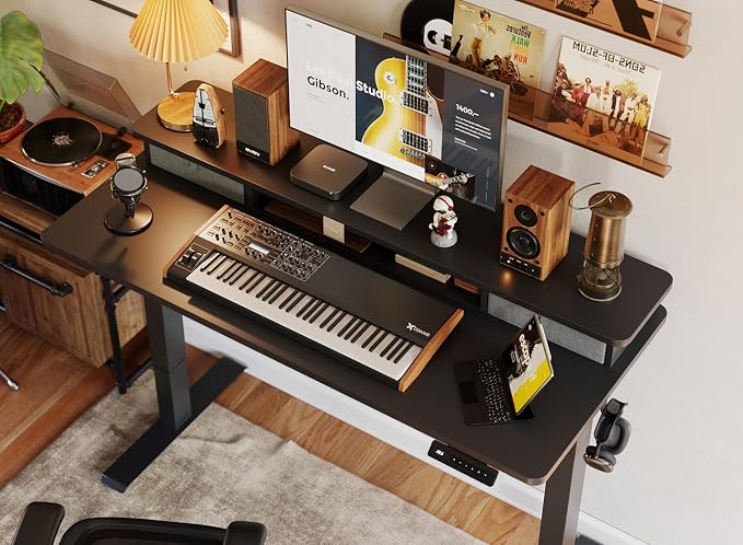 BANTI 48x24 Inch Electric Standing Desk with Dual Drawers, Height Adjustable Stand Up Table, Sit Stand Home Office Desk with Storage Shelf, Black Frame/Black Top