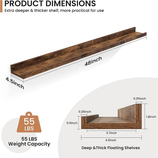 Fun Memories Picture Ledge Shelves Set of 2, 48 Inch Rustic Wall Mounted Floating Shelves with Lip for Home Storage and Décor in Bathroom, Kitchen, Nursery, Bedroom, Living Room, Brown