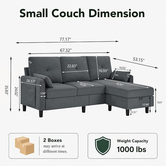Convertible Sectional Sofa, 77" Small L Shaped 3 Seat Couch with Reversible Storage Chaise, Modern Polyester Fabric Sofa Couches for Living Room, Apartment and Small Space, Dark Grey