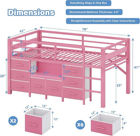 Einhomn Twin Low Loft Bed with 8 Drawers, Bookshelf, Heavy Duty Metal Kids Loft Bed with 13 Inch Safety Guardrail, Play Curtain, Under-Bed Play Area - Pink