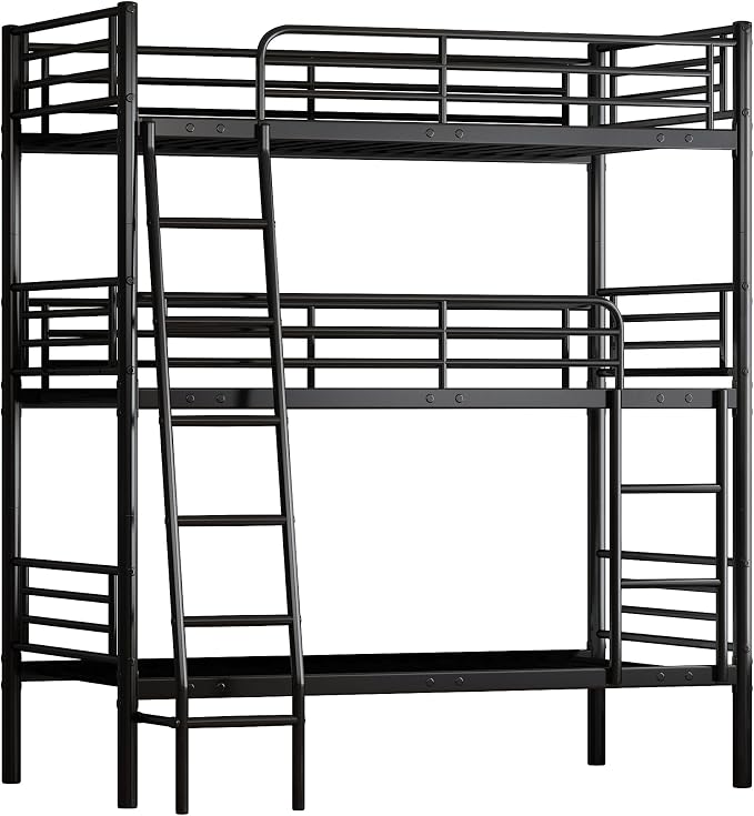 Metal Triple Bunk Bed,Twin Over Twin Bunk Bed for 3, 3 Beds with Guardrail & Ladder, Heavy Duty Triple Bed Frame for Kids Teenagers/Adults, Converts to 3 Separate Twin Beds, No Box Spring Needed