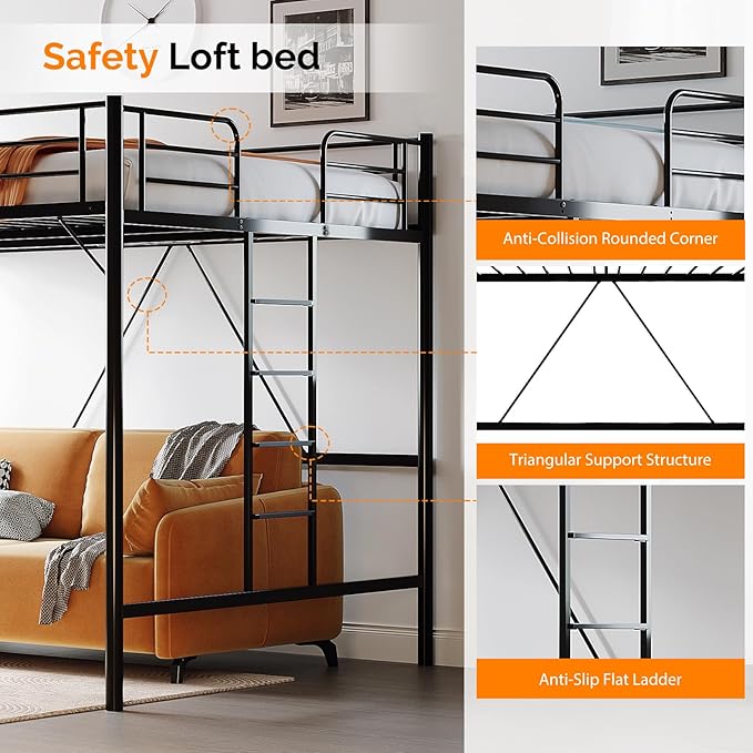 VINGLI Queen Loft Bed with Flat Rungs for Adults, Kids and Young Teens, No Box Spring Required,Heavy Duty Metal Slat Support, Gold