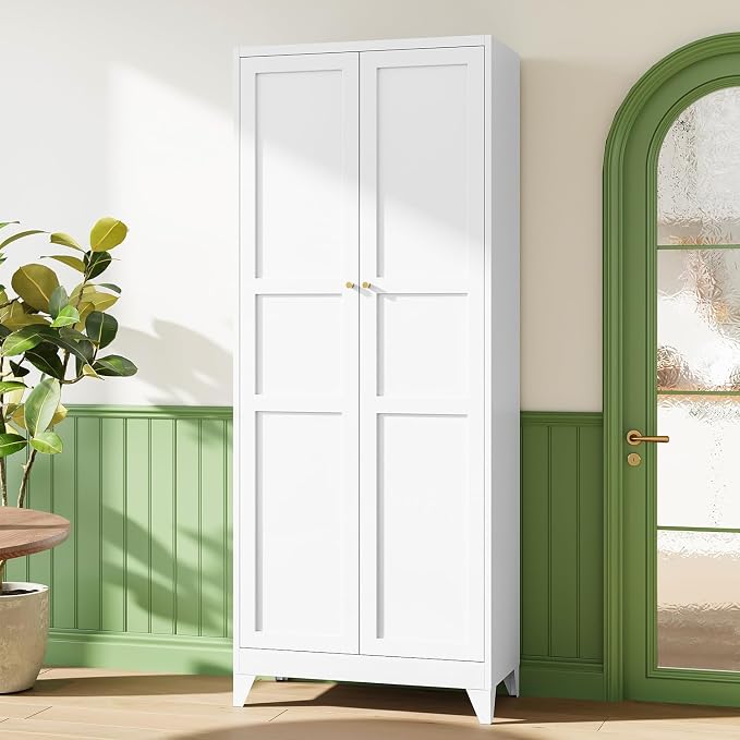 Letaya 75" H Metal Storage Cabinet with 2 Doors and 4 Shelves,Tall Kitchen Pantry Cabinets,Farmhouse Utility Pantry Organizers for Cupboard/Dining/Bathroom/Home Office/Garage Room,White