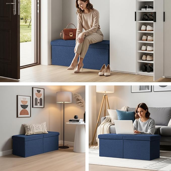 35-INCH Storage Ottoman Bench, Footrest with Storage, End of Bed Bench Coffee Table for Living Room, Bedroom, Entryway, Blue